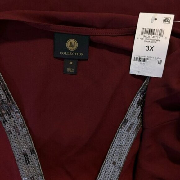 JM Collection Plus Size Burgundy Sequined-Neck 3/4-Sleeve Top NWT - Picture 6 of 6